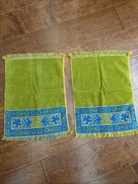 Vintage 70s Stevens Utica Fine Arts Collection Blue Green Boho Hand Face Towels